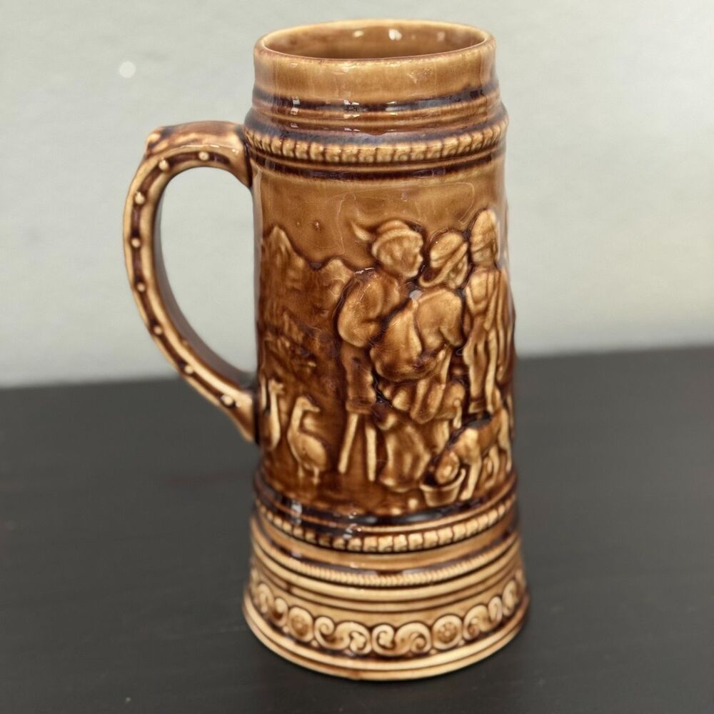 Vintage German Beer Stein Brown Ceramic Relief Mug Tavern Scene Rustic Barware